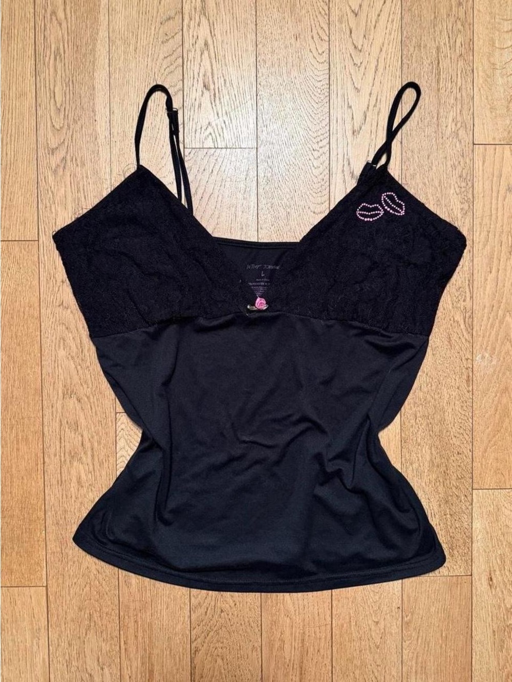 Betsey Johnson Black Lace-Trim Camisole with Pink Lips Accent